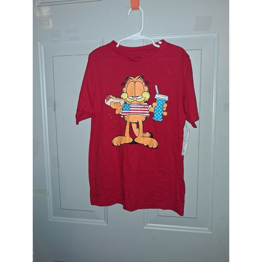 NWT Garfield Boys Medium T Shirt American Flag Hot Dog Patriotic
